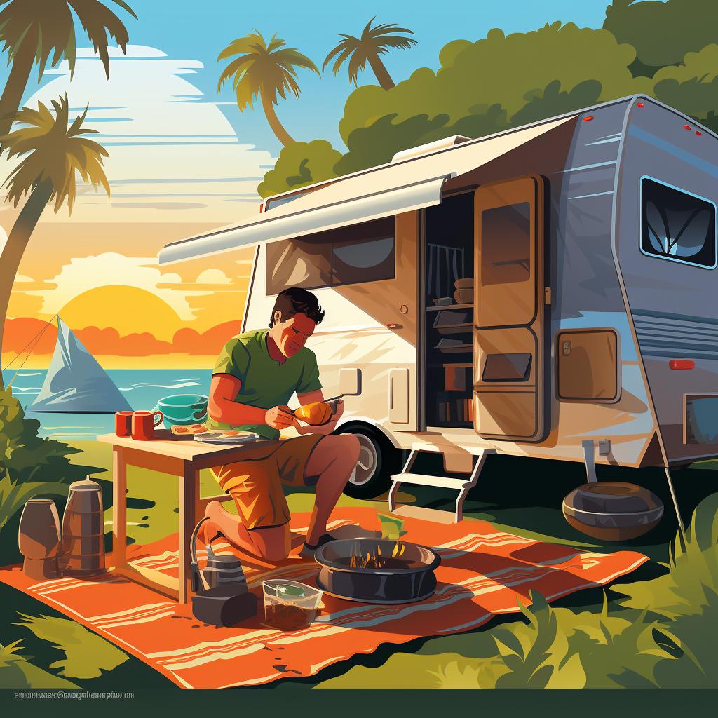 A camper preparing a meal at a Hawaiian campsite